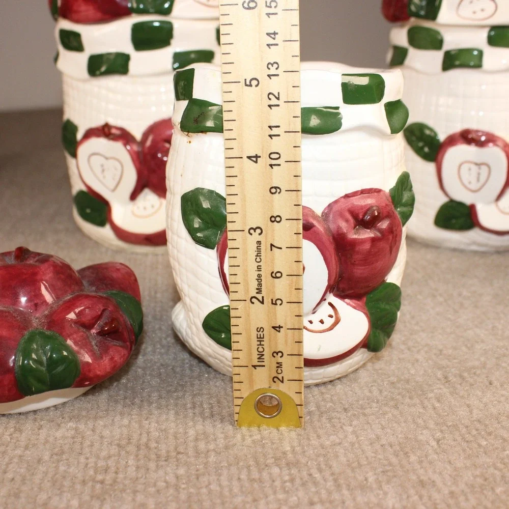 Vintage 9pc Ceramic Apple Canister Set Basketweave Napkin Holder Shakers Creamer